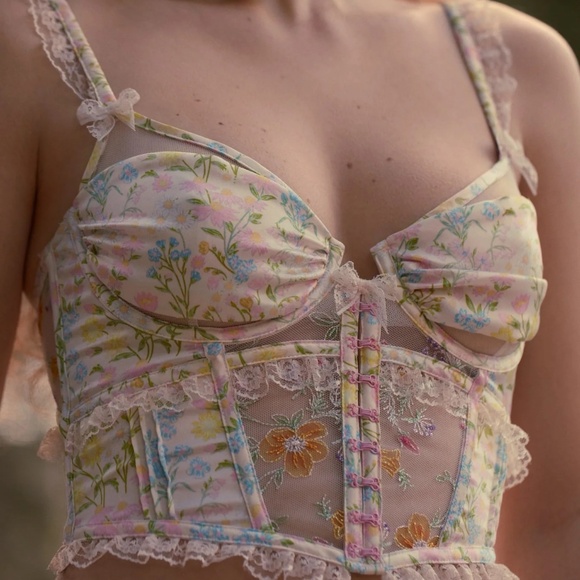For Love & Lemons Glitter Garden Bustier White Floral Large NEW - Picture 2 of 9